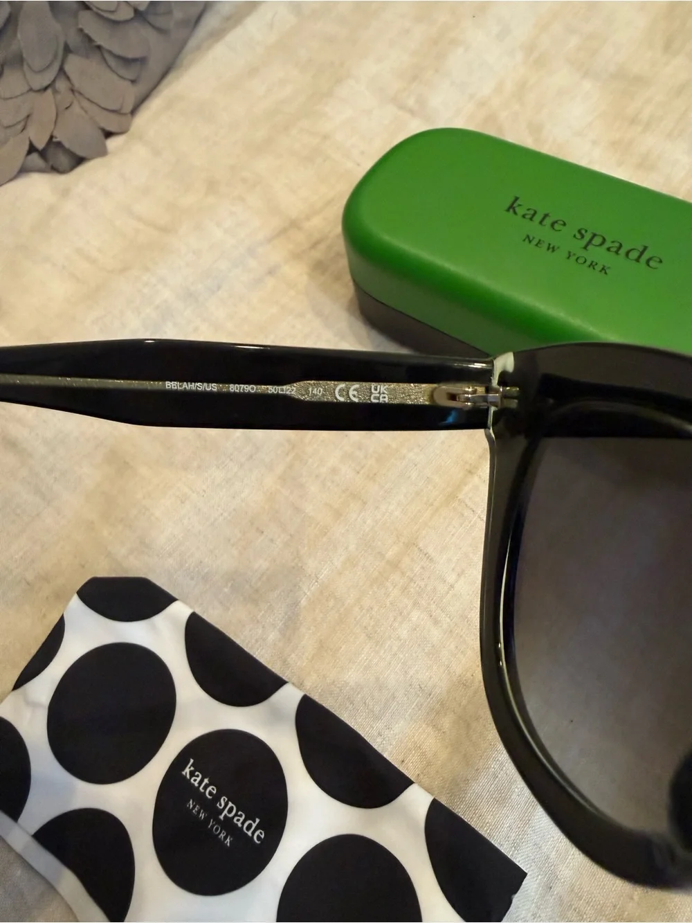 kate spade Black Cat-Eye Sunglasses with Green Case and Polka Dot Cloth